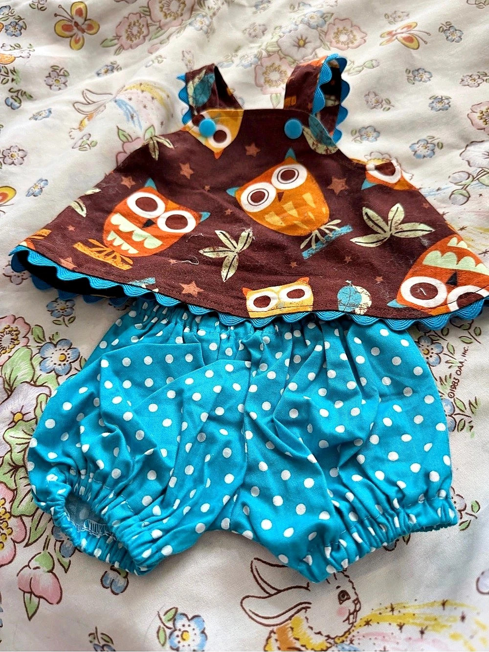 CPK Cudtom made Owl Print Ruffle Matching Set with Crisscross Back
